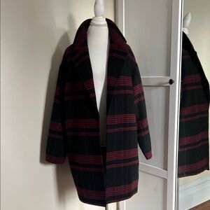 Ann Taylor Factory M | Black & Red Stripe Oversized Cocoon Wool Blend Coat